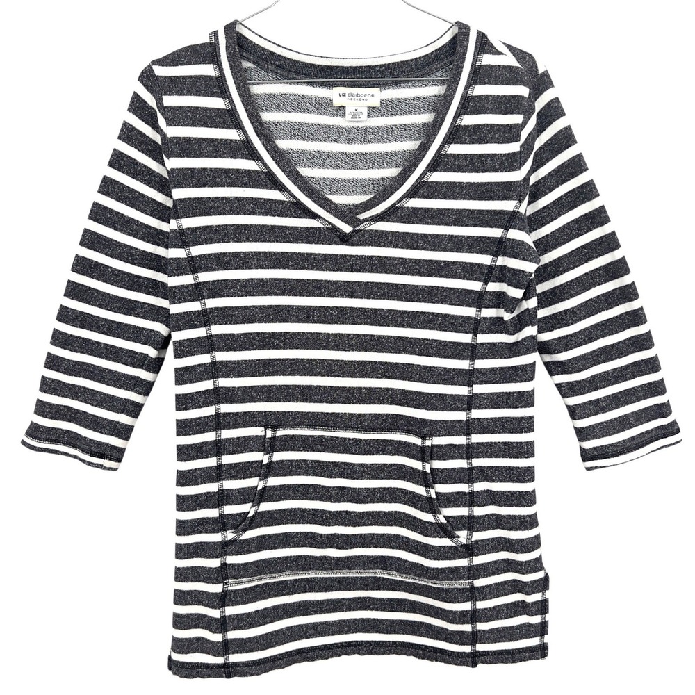 Liz‎ Claiborne Weekend Womens Stripe V-Neck Kangaroo Top Grey French Terry Y2K M